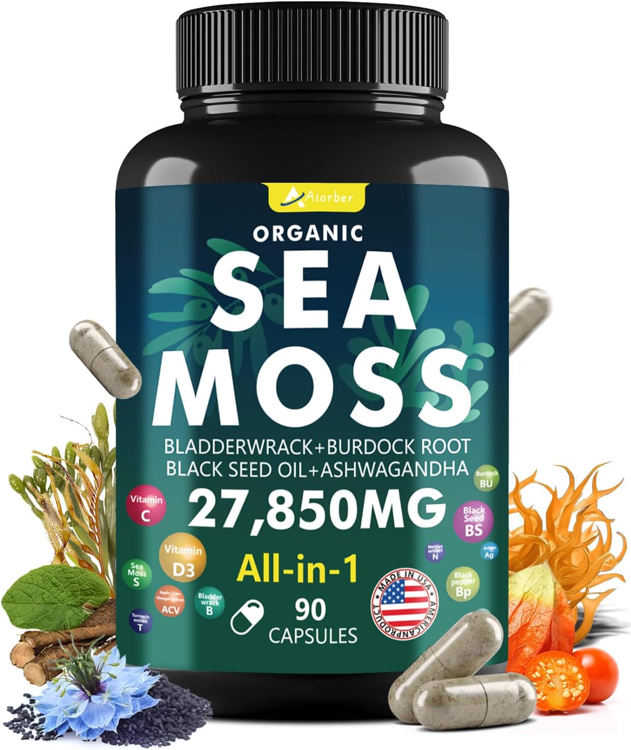 Sea Moss Capsules With Black Seed Oil, Ashwagandha, Ginger & Vitamin C - Advanced Sea Moss Pills, Wildcrafted Sea Moss, Bladderwrack & Elderberry, 90 Tablets