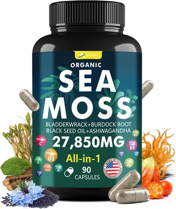 Sea Moss Capsules With Black Seed Oil, Ashwagandha, Ginger & Vitamin C - Advanced Sea Moss Pills, Wildcrafted Sea Moss, Bladderwrack & Elderberry, 90 Tablets
