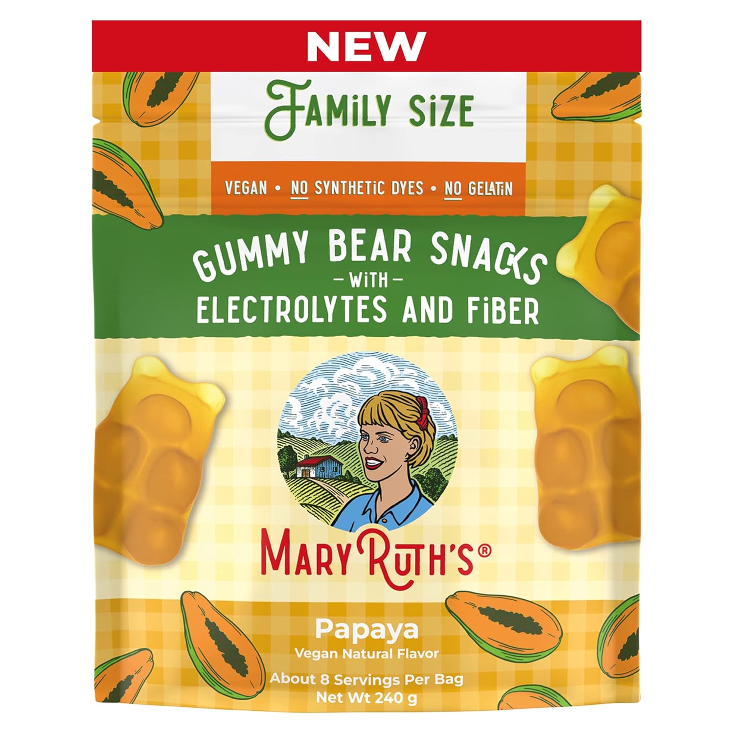 MaryRuth's Sugar Candy Gummy Bears Snacks | Delicious with Electrolytes and Fiber | Made with Cane Sugar | Papaya | Vegan | Gluten Free | Non-GMO | Family Size | 240 Grams | 0.52 Pounds | 8 Pieces