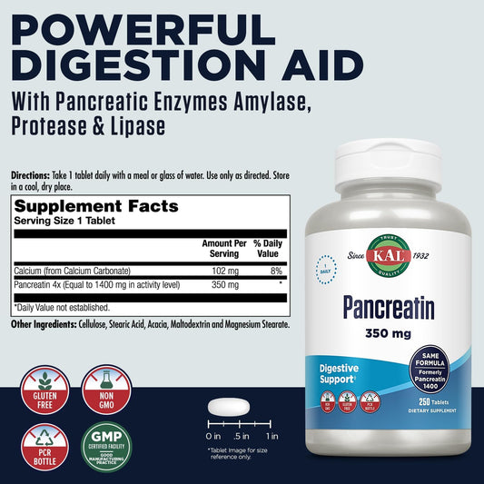 Kal Pancreatin 350Mg, Digestive Enzymes For Women And Men, Pancreatic Enzymes For Digestive Health Support, Gluten Free, Non-Gmo, Rapid Disintegration, 60-Day Guarantee, 250 Servings, 250 Tablets