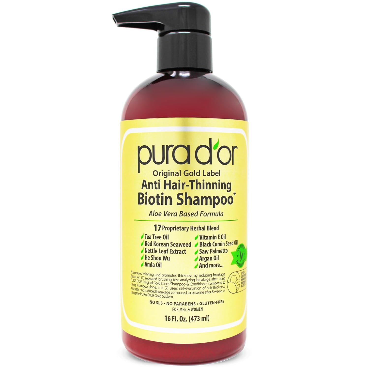 Pura D'Or Original Gold Label Anti-Thinning Biotin Shampoo Natural Earthy Scent, Clinically Tested Proven Results, Herbal Dht Blocker Hair Thickening Products For Women & Men, Color Treated Hair, 16Oz