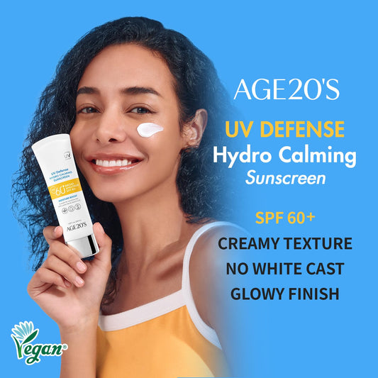 Age20'S Uv Defense Hydro Calming Sunscreen Spf 60+ | Korean Sunscreen | Moisturizing Creamy Formula, No White Cast, Lightweight Finish | Green Tea + Aloe Vera | Dermatest Excellent | 1.69 Fl.Oz*2