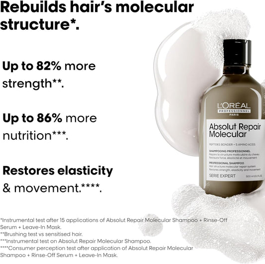 L’Oréal Professionnel Absolut Repair Molecular Sulphate Free Shampoo & Hair Mask Conditioner Set, For Extremely Damaged Hair, Molecular Bond Repair, Restores Strength & Elasticity 300Ml,250Ml