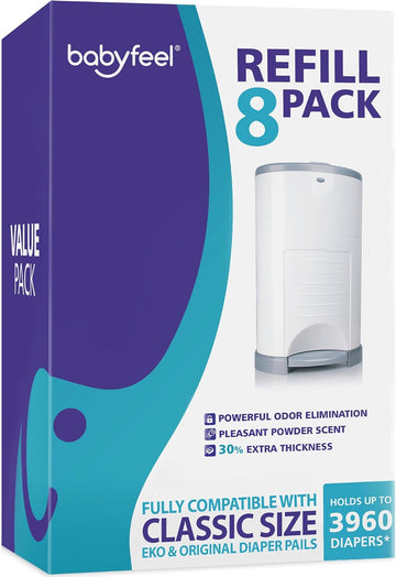 Babyfeel Refills Compatible With Dekor Classic Diaper Pails | 8 Pack | Exclusive 30% Extra Thickness | Diaper Pail Refills With Powerful Odor Elimination | Powder Scent | Holds Up To 3960 Diapers