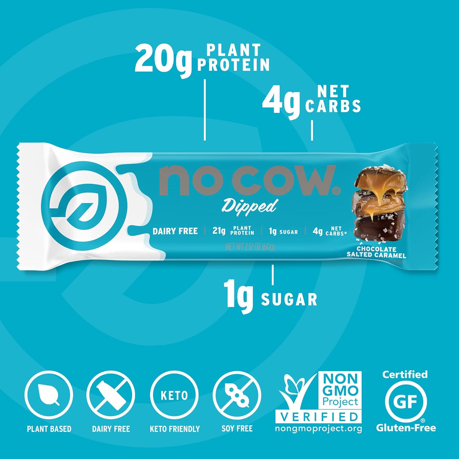 No Cow High Protein Bars, Chocolate Salted Caramel - Healthy Snacks, 20g Vegan Protein, High Fiber, Low Sugar, Keto Friendly, Dairy & Gluten Free (12 Count) : Health & Household