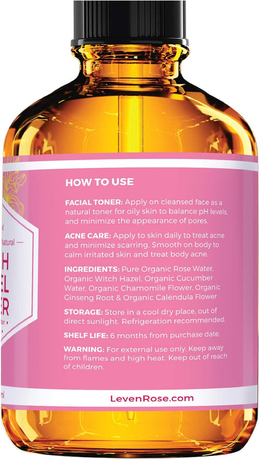 Witch Hazel Alcohol Free Toner By Leven Rose, 100% Pure Organic Facial Rose Water With Rose Petals, Calendula, Cucumber, And Chamomile Flower 4 Oz