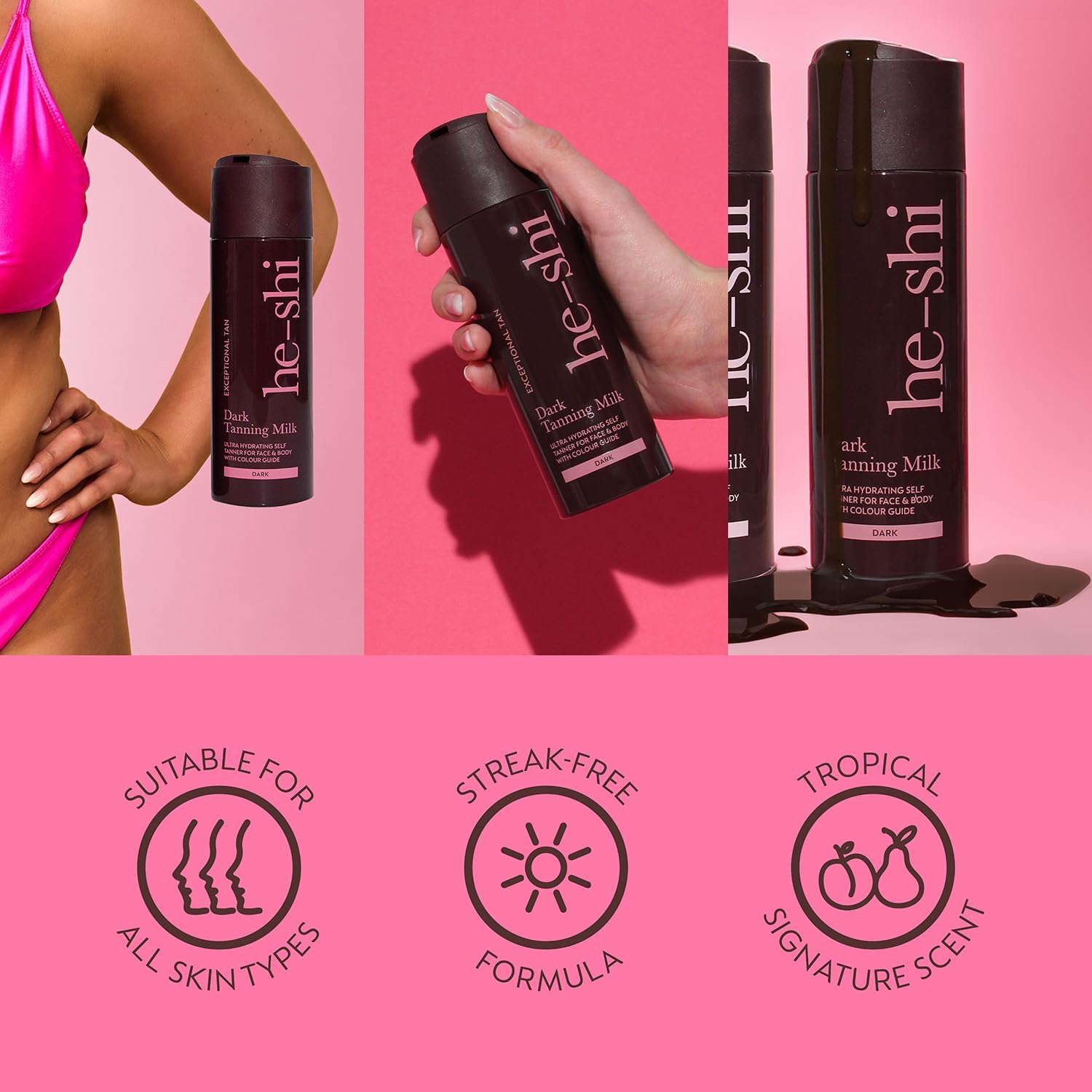 He-Shi Dark Tanning Milk 200ml - Lightweight Fake Tan Milk with Glycerine & Hyaluronic Acid for Silky Hydrated Skin, Dark Bronzed Glow - 96% Natural, Suitable for All Skin Types : Amazon.co.uk: Beauty