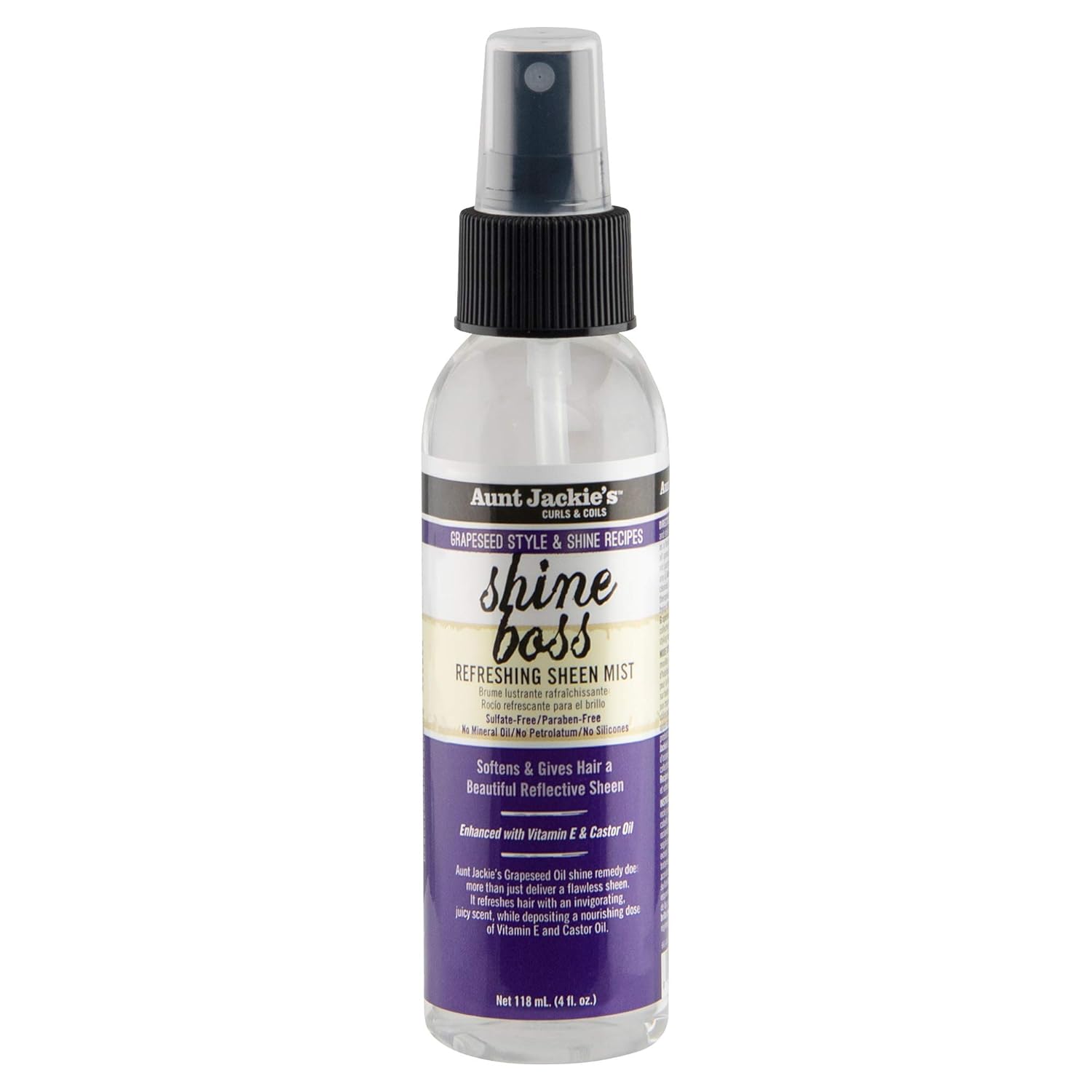 Aunt Jackie'S Grapeseed Style And Shine Recipes Shine Boss Refreshing Sheen Hair Mist, Gives Curls, Waves And Coils Shine Without Oily Feel, 4 Oz