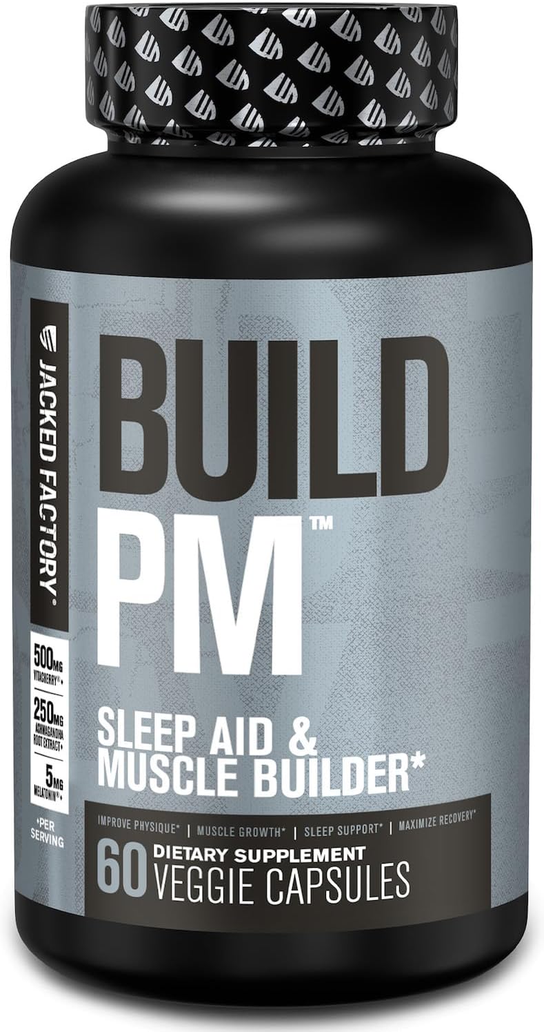 Jacked Factory Build PM Night Time Muscle Builder & Sleep Aid - Post Workout Recovery & Sleep Support Supplement w/VitaCherry Tart Cherry, Ashwagandha, & Melatonin - 60 Natural Veggie Pills