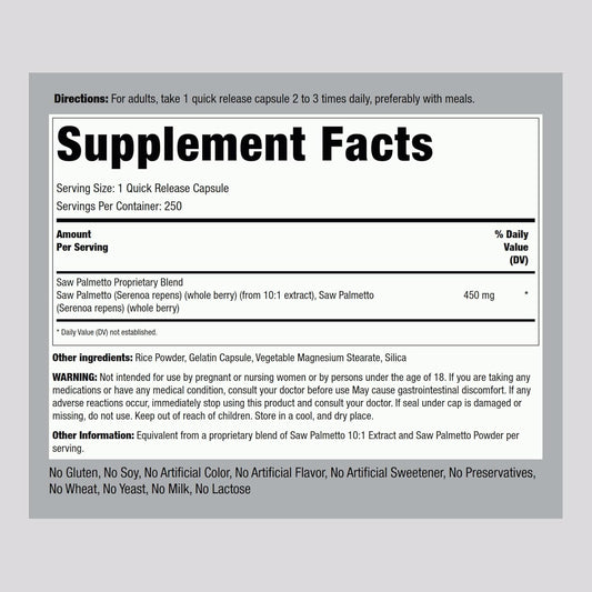 Piping Rock Saw Palmetto 450mg | 250 Capsules | Extract Supplement | Non-GMO, Gluten Free