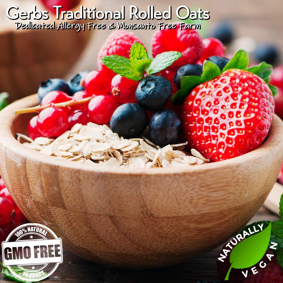 GERBS Traditional Rolled Oats 2 LBS. Premium Grade | Top 14 Food Allergy Free | Freshly harvested in Resealable Bulk Bag | High in Fiber & Antioxidants, Control overeating | Gluten Peanut Tree Nut Free