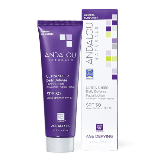 Andalou Naturals Age Defying Face Sunscreen, SPF 30 Zinc Oxide Mineral Sunscreen, Ultra Sheer Daily Defense Face Lotion, Helps Hydrate Skin, Gentle, Lightweight & Reef Safe - 2.7 Fl. Oz