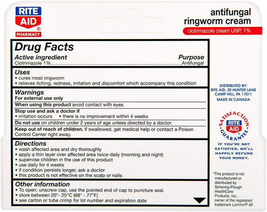 Rite Aid Antifungal Ringworm Clotrimazole Cream, 0.5 oz (15 g) | Antifungal Cream | Jock Itch Treatment | Anti Fungal Skin Cream Treats Athlete's Foot Cream | Antifungal Cream for Skin