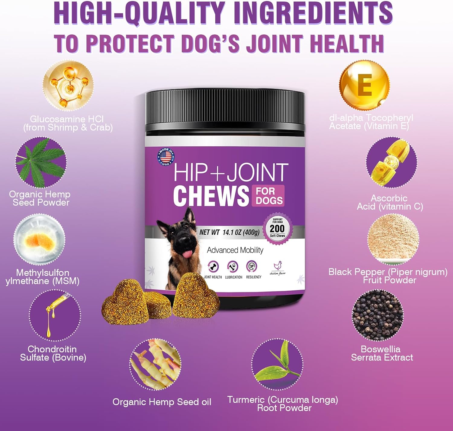 Glucosamine for Dogs 200pcs Joint Support Supplement Dog Hip and Joint Chondroitin Chews Treats with MSM Hemp Dog Joint Pain Relief Mobility Supplements Chicken Flavor Fit All Large Small Medium Breed : Pet Supplies