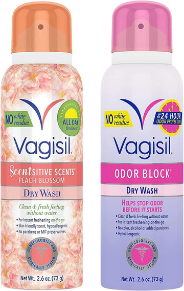 Vagisil Feminine Dry Wash Deodorant Spray For Women, Gynecologist Tested, On The Go Hygiene, 2 Scent Bundle - Peach Blossom, Odor Block (2.6 Oz Each)