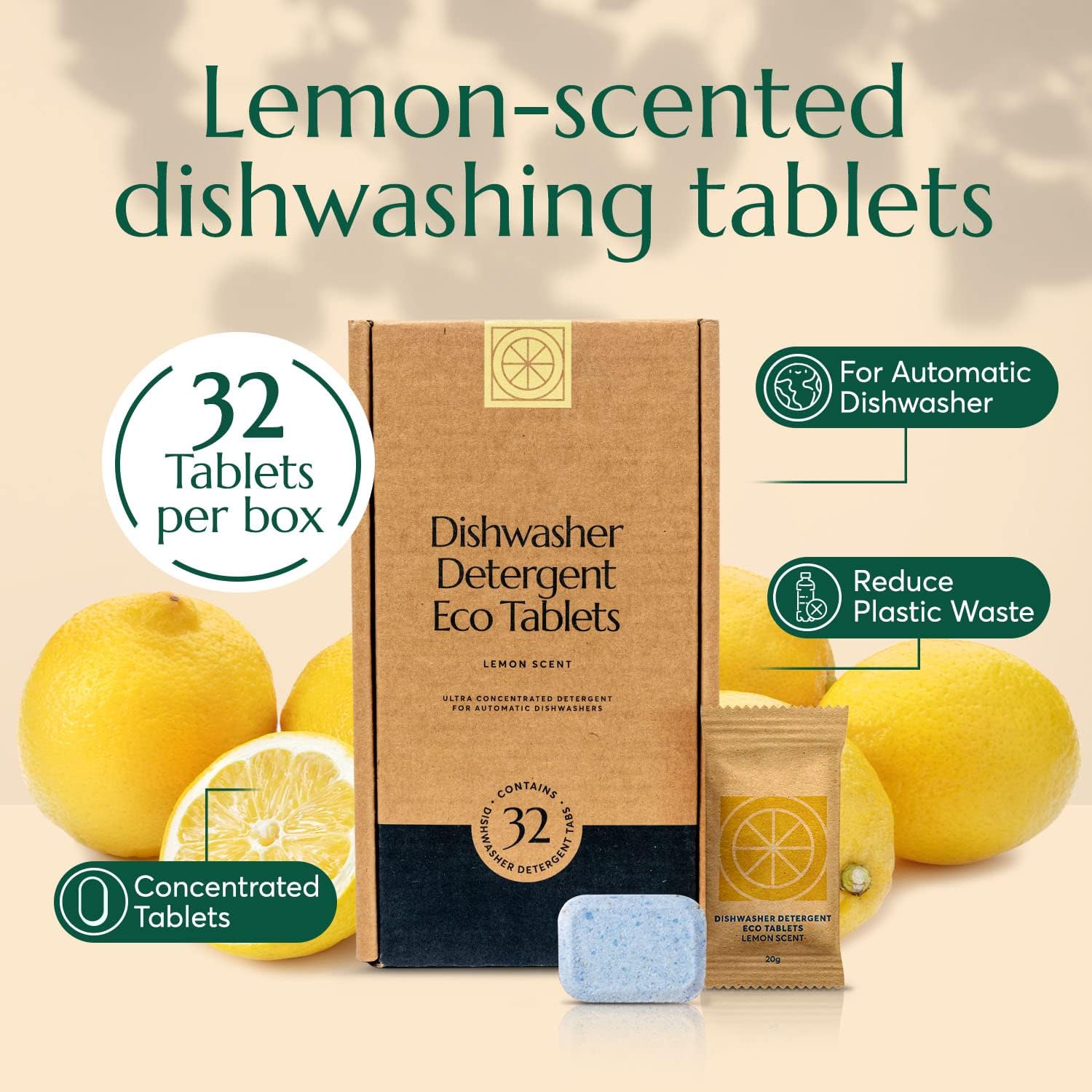 CLEANOMIC Dishwasher Pods (32 Eco Tabs) Soap Detergent, No Harsh Ingredients, Individually Wrapped - Lemon Fresh : Health & Household