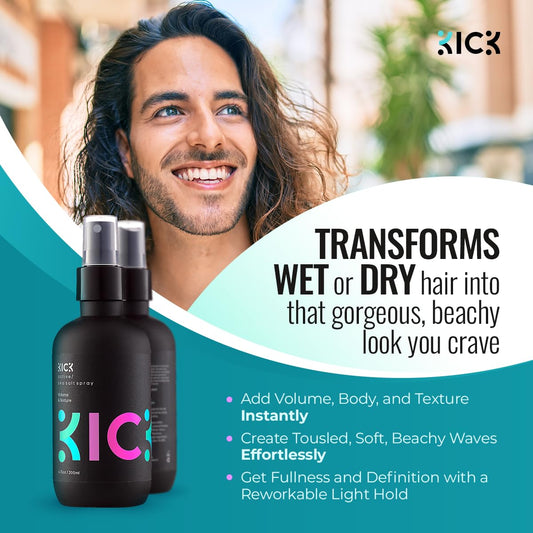 Kick Sea Salt Spray For Men'S Hair - 200Ml - Light Hold Texturizing Spray For Beachy Waves, Surfer Style And All-Day Fullness - Natural Finish For Thick, Wavy Or Fine Hair