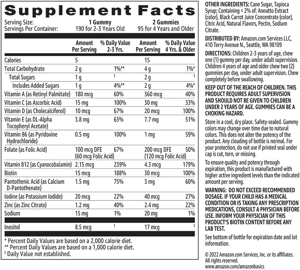 Amazon Basics Kids' Multivitamin Gummies, Orange, Cherry & Strawberry, 190 Count (Previously Solimo) : Health & Household