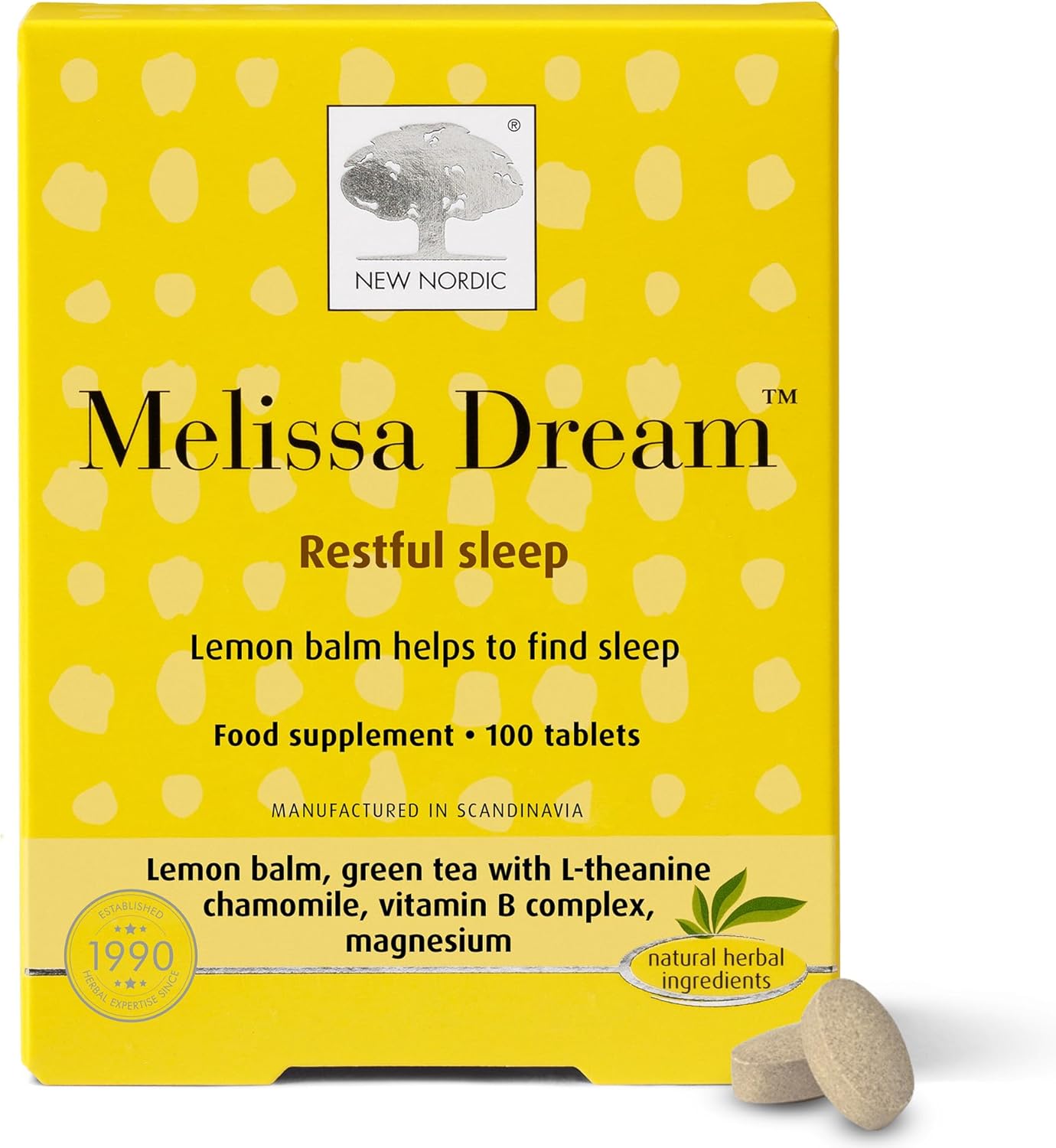 New Nordic Melissa Dream - Melatonin-Free Natural Sleep Aid & Insomnia Relief For Adults - Magnesium & Chamomile - 100 Herbal Sleeping Tablets