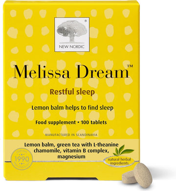 New Nordic Melissa Dream - Melatonin-Free Natural Sleep Aid & Insomnia Relief For Adults - Magnesium & Chamomile - 100 Herbal Sleeping Tablets