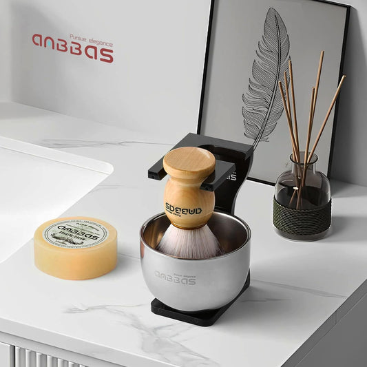 Anbbas Pure Badger Hair Shaving Brush Solid Manchurian Ash Wood Handle,Black Broken-Resistant Acrylic Shaving Stand,Stainless Steel Shaving Bowl Dia 3.2 Inch And Goat Milk Soap 100G 4In1 Set For Men