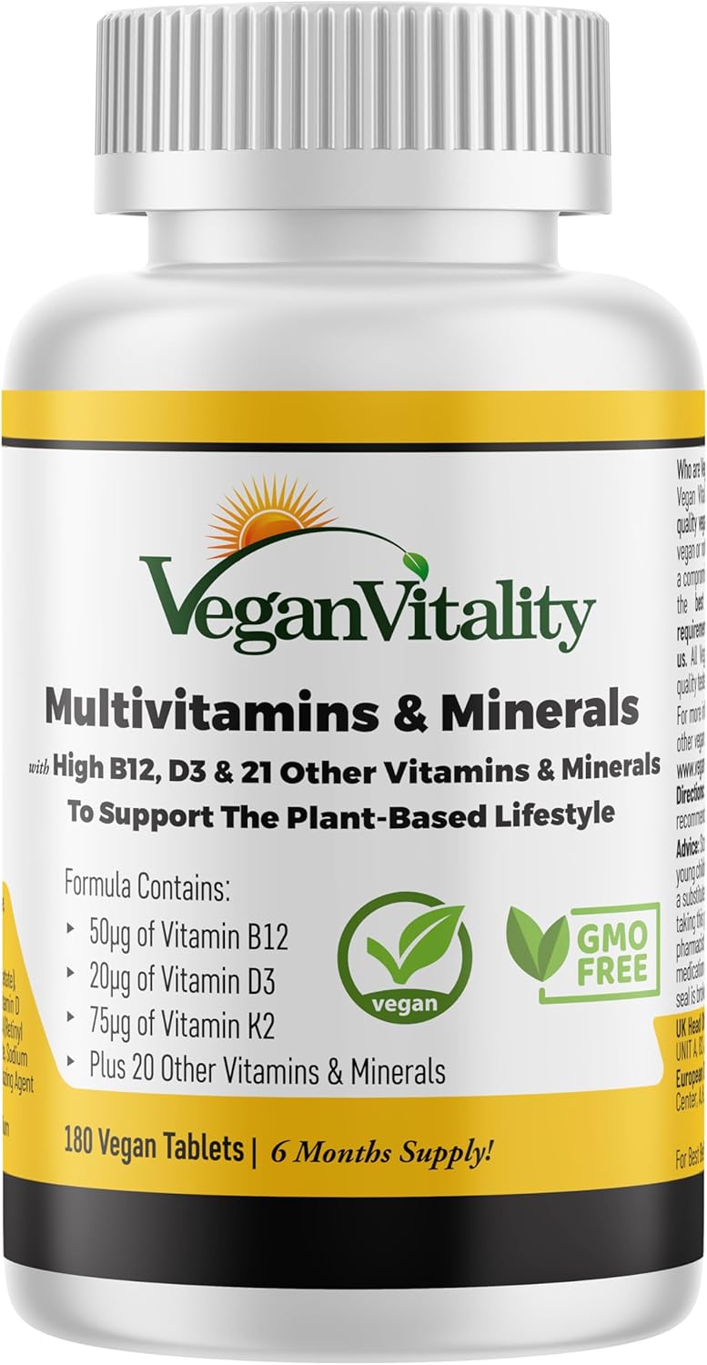Vegan Multivitamins & Minerals For Women And Men With High Strength Vitamin B12, D3 & K2. 180 Multivitamin Tablets - 6 Months Supply. Vitamins For Vegans & Vegetarians