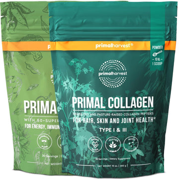 Primal Harvest Super Greens & Collagen Powder Supplements For Women And Men Superfood Greens Powder And Collagen Peptides Powder For Hair, Skin, And Nails Bundle