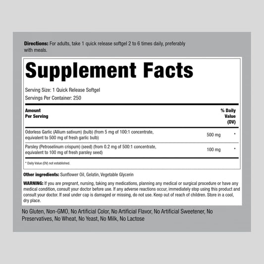 Piping Rock Odorless Garlic And Parsley Pills | 500Mg | 250 Softgel Capsules | Concentrated Herbal Extract | Non-Gmo, Gluten Free Supplement