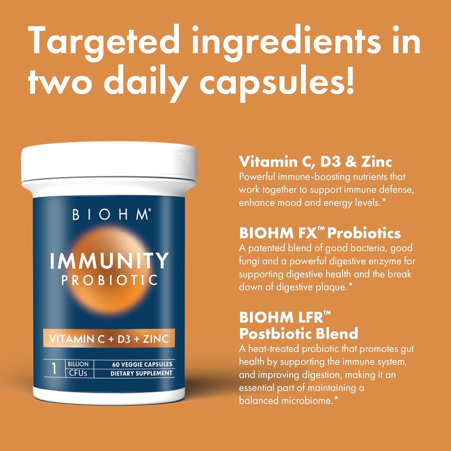 Biohm Immunity Probiotic With Vitamin C, D3 & Zinc, 1 Billion Cfu (60 Capsules) Daily Probiotics For Women & Men, Digestive Health & Immune Support, Vegan, Gluten-Free And Non-Gmo : Health & Household