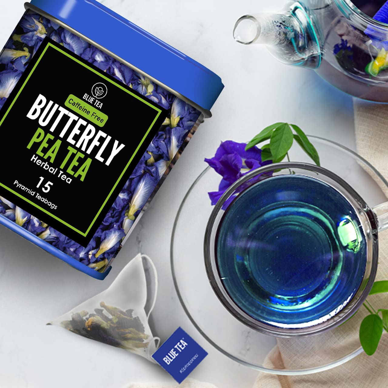 BLUE TEA - Butterfly Pea Flower Garcinia Herbal Tea - 15 Tea Bags | ANTI-OXIDANT RICH | Flower Based - Herbal Tea - Vegan - Caffeine Free - Natural Ingredients - Detox Tea - Non GMO | Tin Pack : Grocery & Gourmet Food