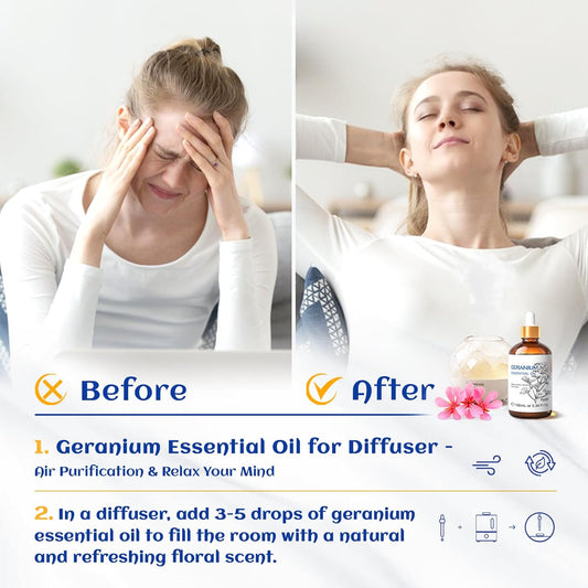 HIQILI Geranium Essential Oil, 100% Pure & Natural for Aromatherapy, Diffuser, Spray, Body Wash, Soap & Candle Making - 3.38 Fl Oz