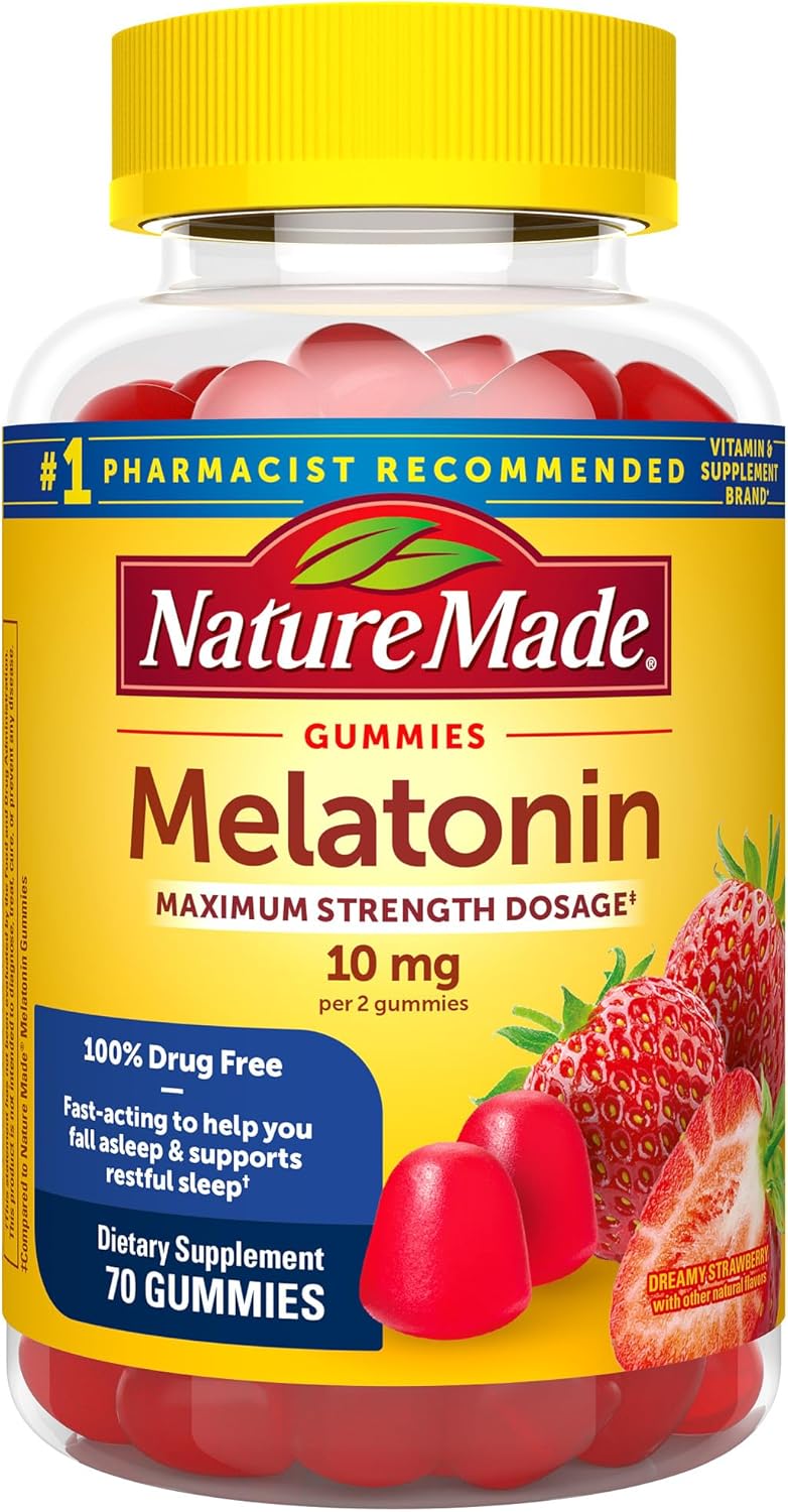 Nature Made Melatonin 10Mg Per Serving Gummies, Maximum Strength Dosage, 100% Drug Free Sleep Aid For Adults, 70 Melatonin Gummies, 35 Day Supply