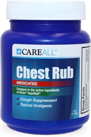 Careall Medicated Chest Rub 4 Oz. Topical Analgesic And Cough Suppressant. Provides Relief To Throat, Chest And Sinuses From Cough, Cold, And Congestion