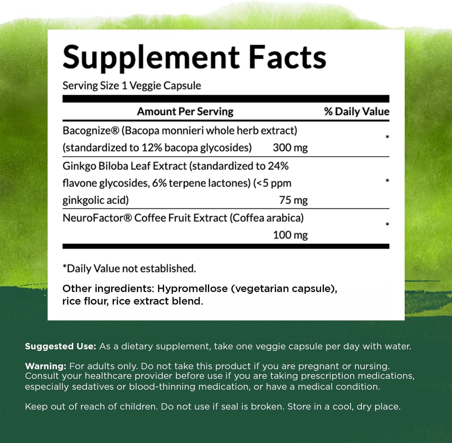 Swanson Pure Brainpower Brain Health Cognitive Memory Focus Support Brain-Derived Neurotrophic Factor (BDNF) Herbal Supplement (Ginkgo Biloba, Bacopa Monnieri) 60 Veggie Capsules (Veg Caps) Vegan : Health & Household