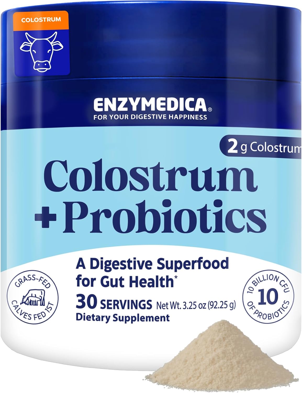 Enzymedica, Colostrum, Powder With Probiotics, Colostrum For Women, 2G, Bovine Colostrum, + 10 Billion Cfu, Grass-Fed, Gut & Immune Support, Colostrum Supplement, 30 Servings