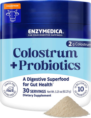 Enzymedica, Colostrum, Powder With Probiotics, Colostrum For Women, 2G, Bovine Colostrum, + 10 Billion Cfu, Grass-Fed, Gut & Immune Support, Colostrum Supplement, 30 Servings