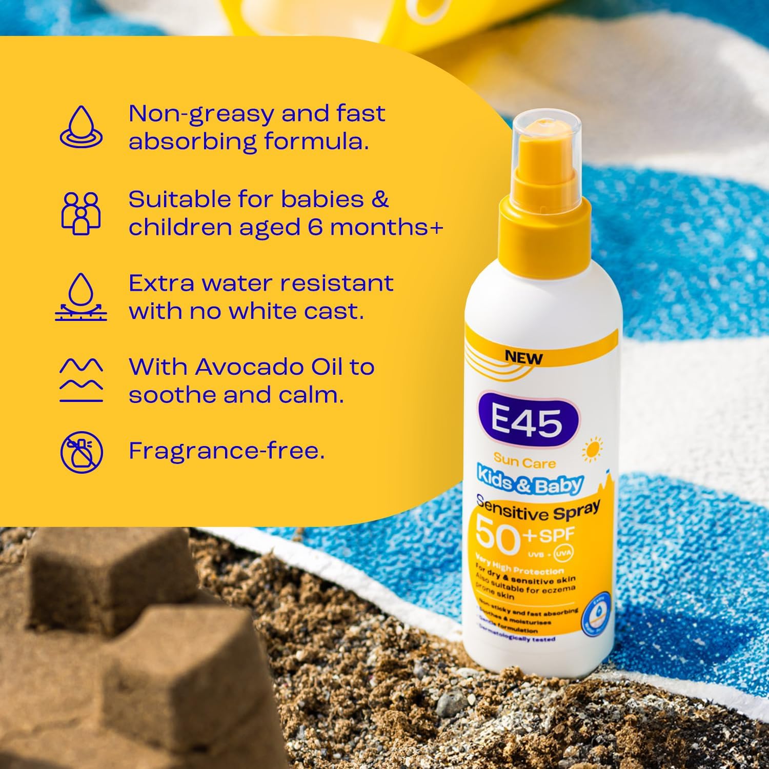 E45 Kids and Baby Sunscreen SPF50+ Spray for Face With Avocado Oil - UVA and UVB Protection- Dermatologically Tested and Fragrance-Free - Suitable For Dry, Sensitive and Eczema Prone Skin (180ml) : Amazon.co.uk: Beauty