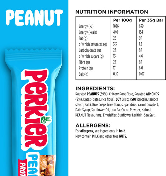 Perkier Peanut Bars (30 Bars), Vegan, Gluten Free, Protein, High Fibre, Lower Sugar Snack, Natural Ingredients, Lower Calorie, Healthy, No Palm Oil, Nut Bar, Carbon Neutral