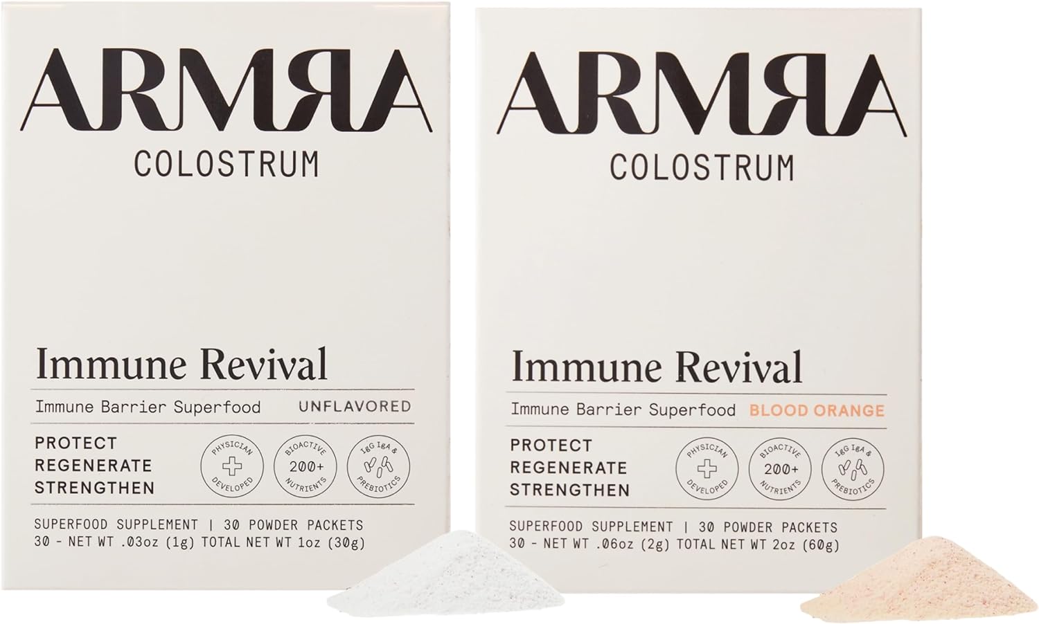 Armra Colostrum Premium Powder, Grass Fed, Gut Health Bloating Immunity Skin & Hair, Contains 400+ Bioactive Nutrients, Keto, Gluten & Fat Free (Unflavored, Blood Orange Bundle | 60 Servings)