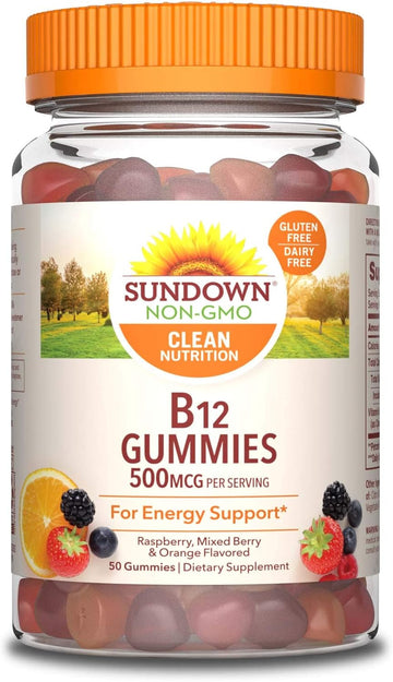 Sundown Vitamin B12 Gummies, Supports Energy Metabolism, Raspberry, Mixed Berry and Orange Flavors, 50 Count