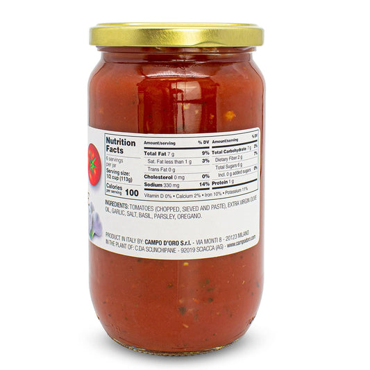 Marinara Tomato Sauce, Glass Jar 24Oz, Italian Pasta Sauce, Ready Meal, Made With Garlic And Herbs, Made In Italy, Campo D'Oro. (Marinara)