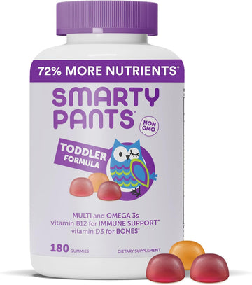 Smartypants Toddler Multivitamin Gummies: Omega 3 Fish Oil (Epa/Dha), Vitamin D3, C, Vitamin B12, B6, Vitamin A, K & Zinc, Gluten Free, Three Fruit Flavors, 180 Count (60 Day Supply)