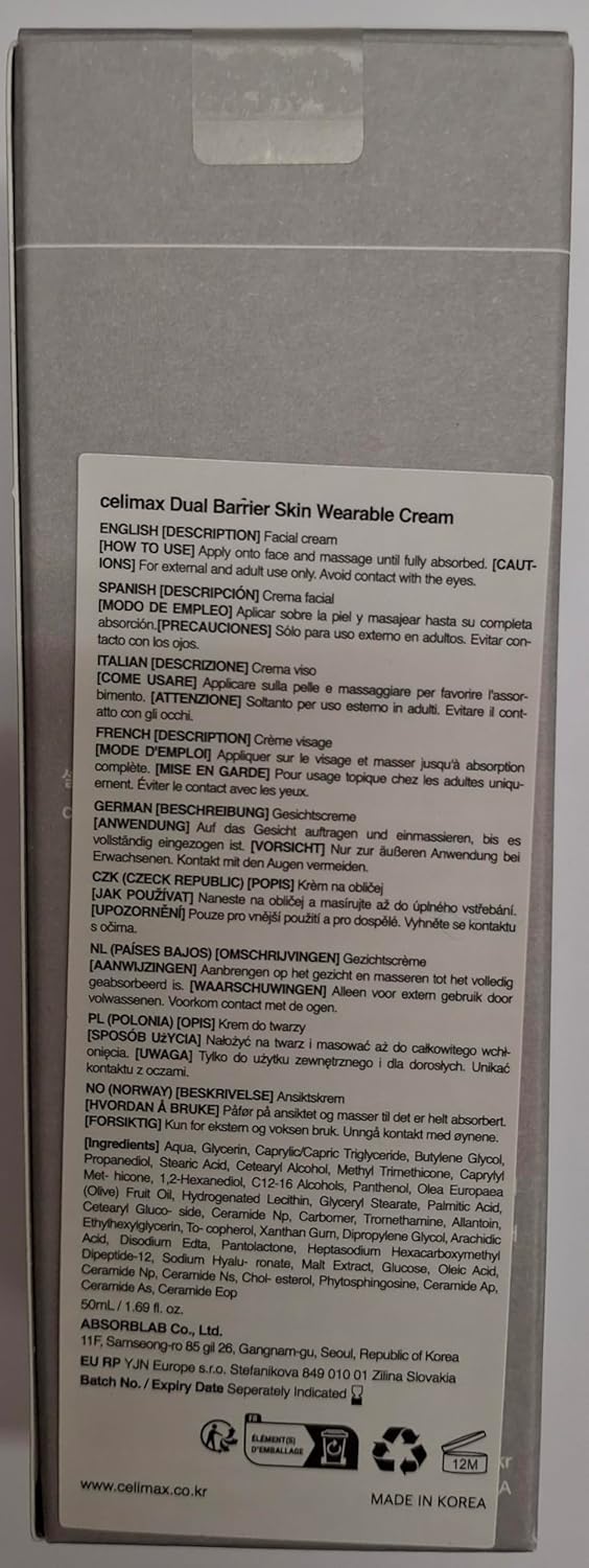 Celimax Dual Barrier Skin Wearable Cream | Long Lasting Cream Face Moisturizer With Ceramides, Hyaluronic Acid, Moisturizing, Hydrating, Soothing, Repairing, Day & Night Cream, 50Ml : Beauty & Personal Care