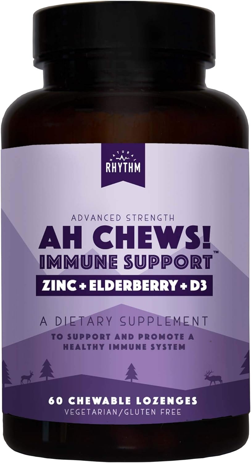 Natural Rhythm Ah Chews! Immune Booster Lozenges for Kids and Adults, No Added Sugar, with Elderberry, Zinc & Vitamin D3, 60 Capsules