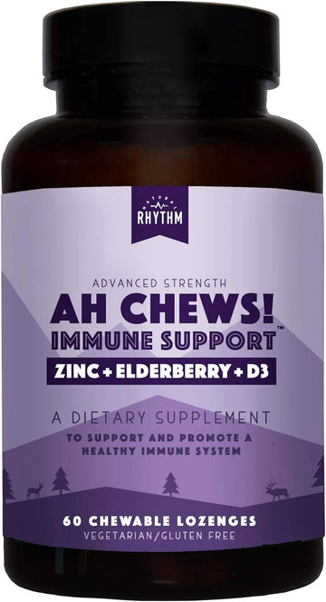Natural Rhythm Ah Chews! Immune Booster Lozenges for Kids and Adults, No Added Sugar, with Elderberry, Zinc & Vitamin D3, 60 Capsules