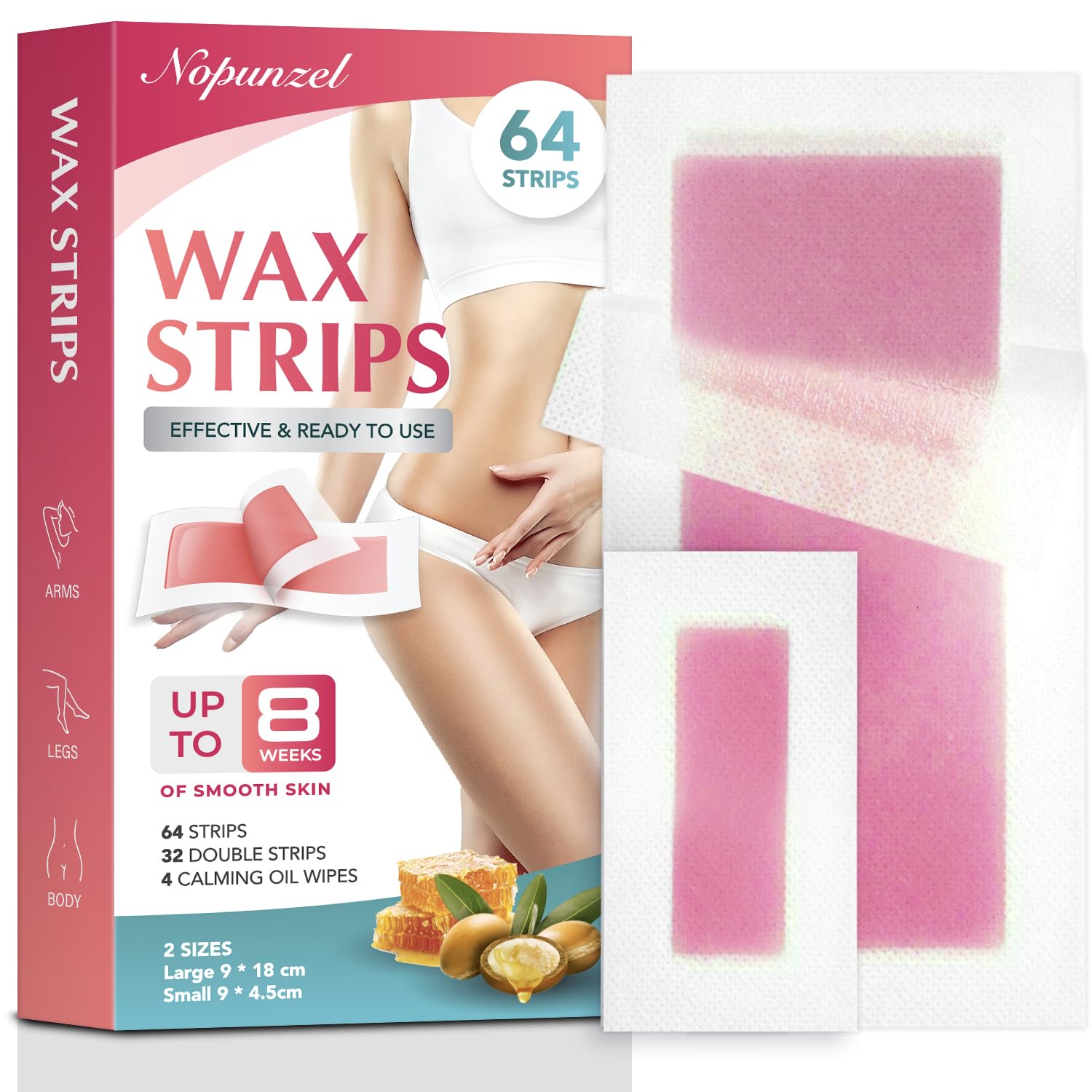Wax Strips 64 counts, Wax Strips for Hair Removal, Waxing Strips, Bikini Wax, Bikini Wax Kit, Wax Strips for Brazilian Waxing, Waxing Strips for Body, Legs, Arms, Chest - 4 Wipes (2 Sizes) (64 Count)