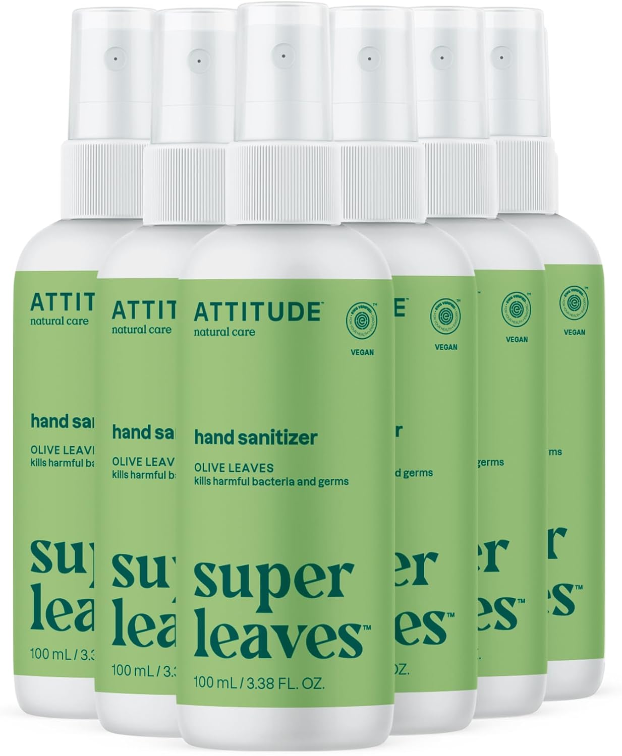 ATTITUDE Hand Sanitizer Spray for Adults and Kids, EWG Verified, Kills Bacteria and Germs, Vegan, Olive Leaves, 3.38 Fl Oz (Spray Bottle) (Pack of 6)