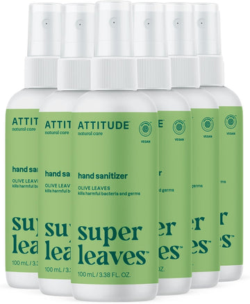 ATTITUDE Hand Sanitizer Spray for Adults and Kids, EWG Verified, Kills Bacteria and Germs, Vegan, Olive Leaves, 3.38 Fl Oz (Spray Bottle) (Pack of 6)