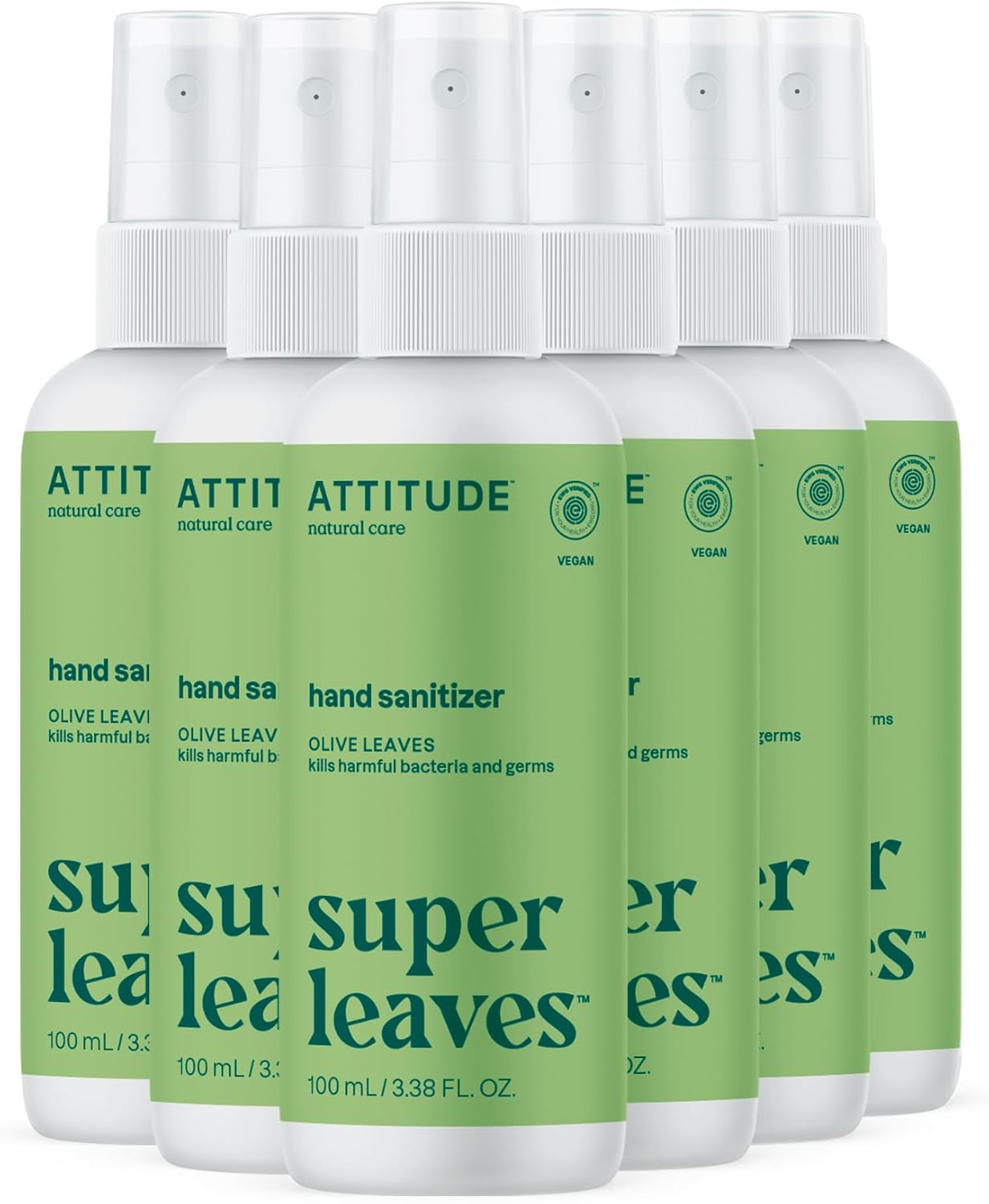 Attitude Hand Sanitizer Spray For Adults And Kids, Ewg Verified, Kills Bacteria And Germs, Vegan, Olive Leaves, 3.38 Fl Oz (Spray Bottle) (Pack Of 6)