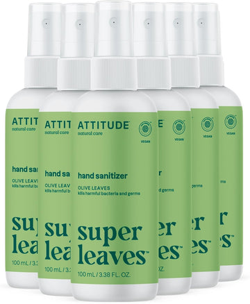 Attitude Hand Sanitizer Spray For Adults And Kids, Ewg Verified, Kills Bacteria And Germs, Vegan, Olive Leaves, 3.38 Fl Oz (Spray Bottle) (Pack Of 6)